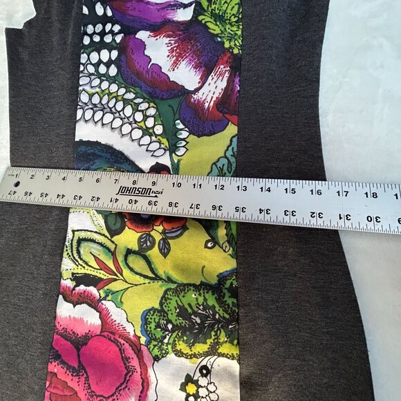 Desigual Women Gray Floral Print Knit Mini Shift Dress Large Cap Sleeve Back Zip - Picture 8 of 9